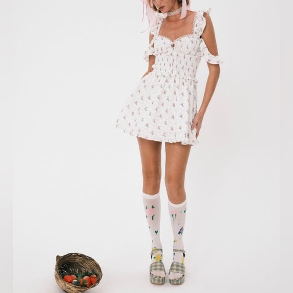 For Love & Lemons Palermo White Floral Smocked Mini Dress sz Medium - Picture 1 of 13